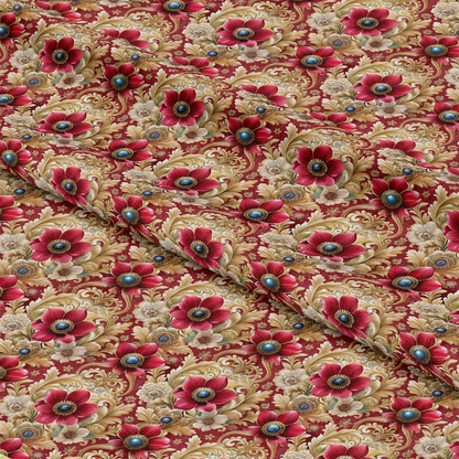 Fabric with a repeating floral pattern featuring red, gold, and beige flowers with blue centers, set against a red background. The fabric is slightly folded, showing the continuity of the design.