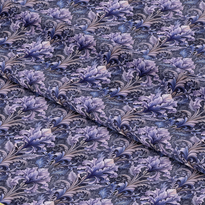 A close-up of fabric with a detailed floral pattern in shades of purple and grey, featuring overlapping leaves and flowers. The fabric is slightly folded, creating gentle diagonal creases.