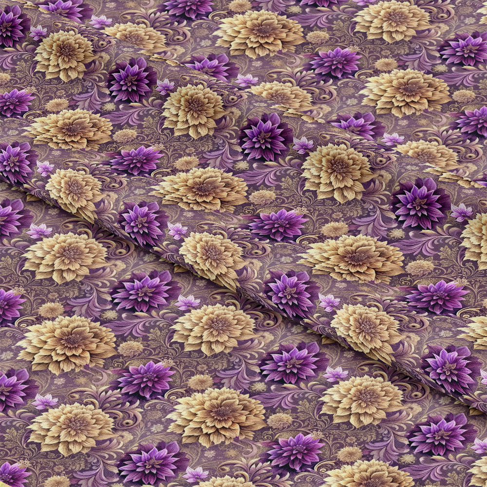 Fabric with a floral pattern featuring large yellow and purple flowers and green leaves on a purple background; the fabric is folded to show texture.