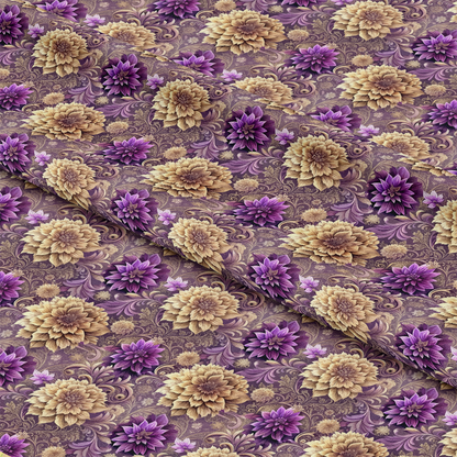 Fabric with a floral pattern featuring large yellow and purple flowers and green leaves on a purple background; the fabric is folded to show texture.