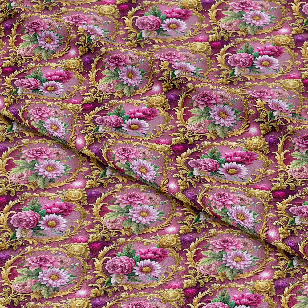 Patterned fabric with a pink and gold background, decorated with ornate gold scrolls and circular frames containing pink and white flowers with green leaves. The fabric is shown with gentle folds.