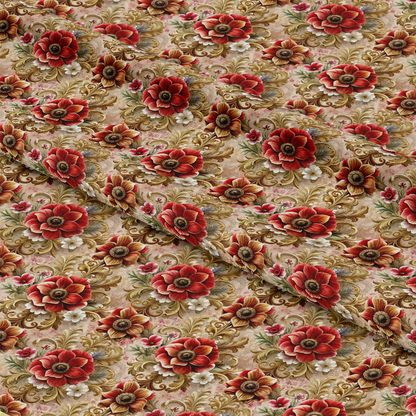 A close-up view of fabric with a detailed floral pattern featuring large red and pink flowers, green and tan leaves, and gold scrollwork on a beige background. The fabric is shown with soft folds.