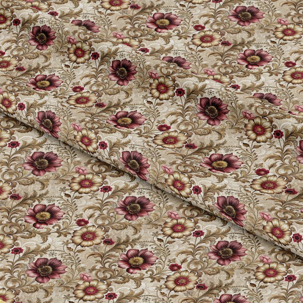 A close-up of fabric with a detailed floral pattern featuring maroon, yellow, and beige flowers with green leaves on a light brown background, arranged in an intricate, repeating design. The fabric appears folded.