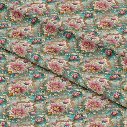 A close-up of fabric with a teal background featuring an intricate floral pattern of pink and yellow lotus flowers, green leaves, and gold ornamental accents. The fabric is slightly folded and textured.
