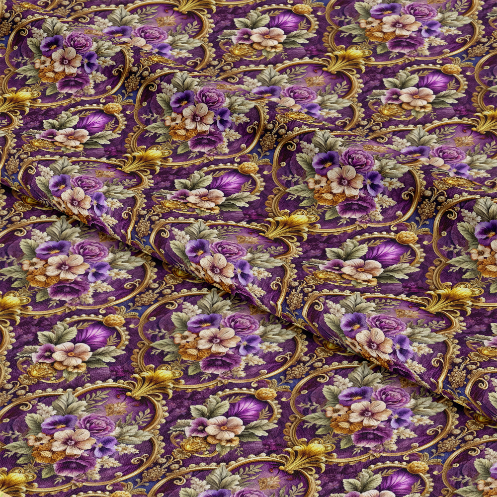 - Baroque Florals Pattern 80 Quilting Cotton Fabric  
- Purple, gold, beige, green colors  
- Floral motifs, ornate, vintage style  
- Quilting material, cotton textile, decorative fabric  
- Elegant, intricate, classic design
