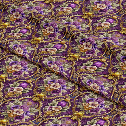 - Baroque Florals Pattern 80 Quilting Cotton Fabric  
- Purple, gold, beige, green colors  
- Floral motifs, ornate, vintage style  
- Quilting material, cotton textile, decorative fabric  
- Elegant, intricate, classic design