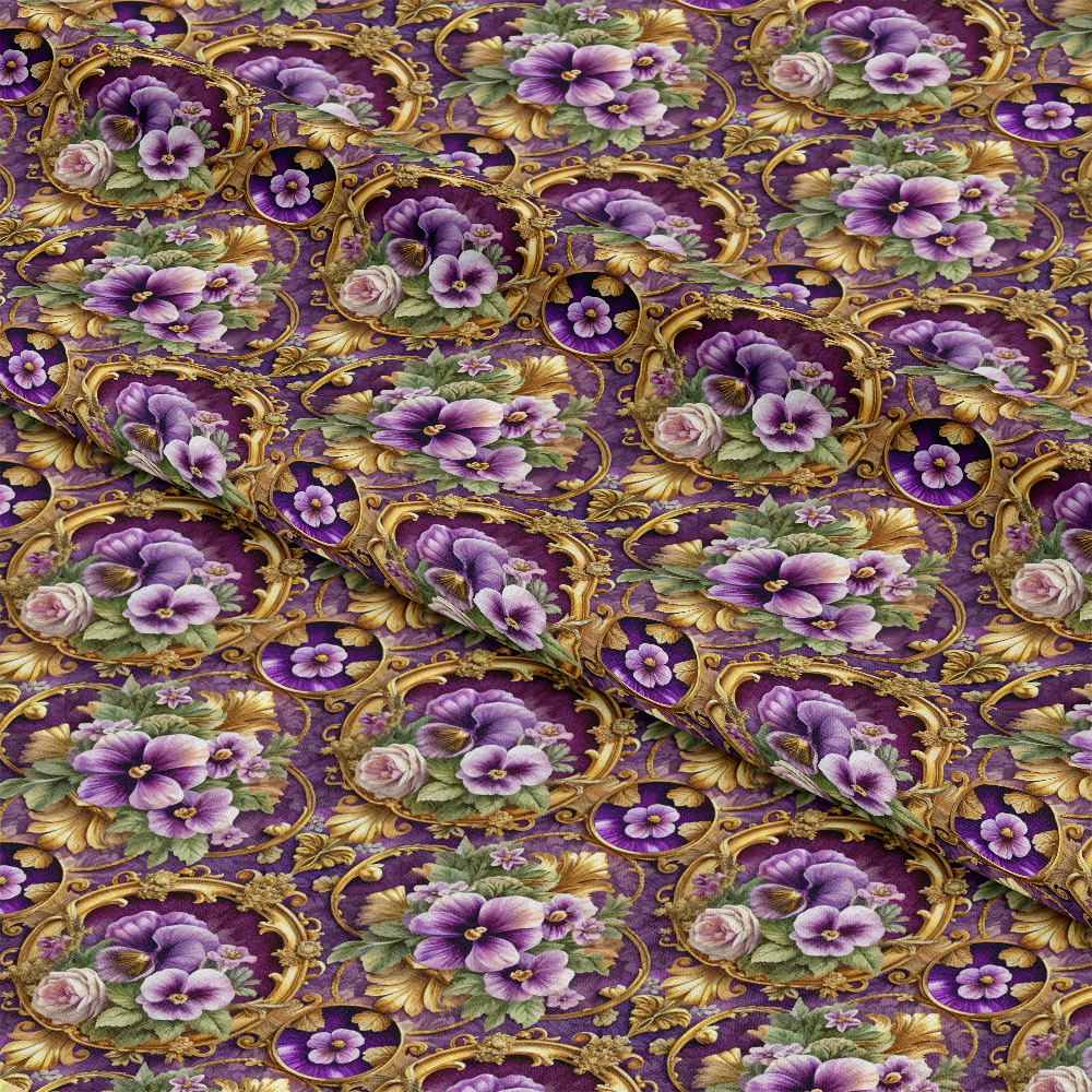 - Baroque Florals Pattern 81 Quilting Cotton Fabric  
- purple floral design  
- violet pansies  
- golden ornate frames  
- green leaves  
- yellow accents  
- vintage style  
- decorative fabric  
- cotton quilting textile  
- elegant botanical motif
