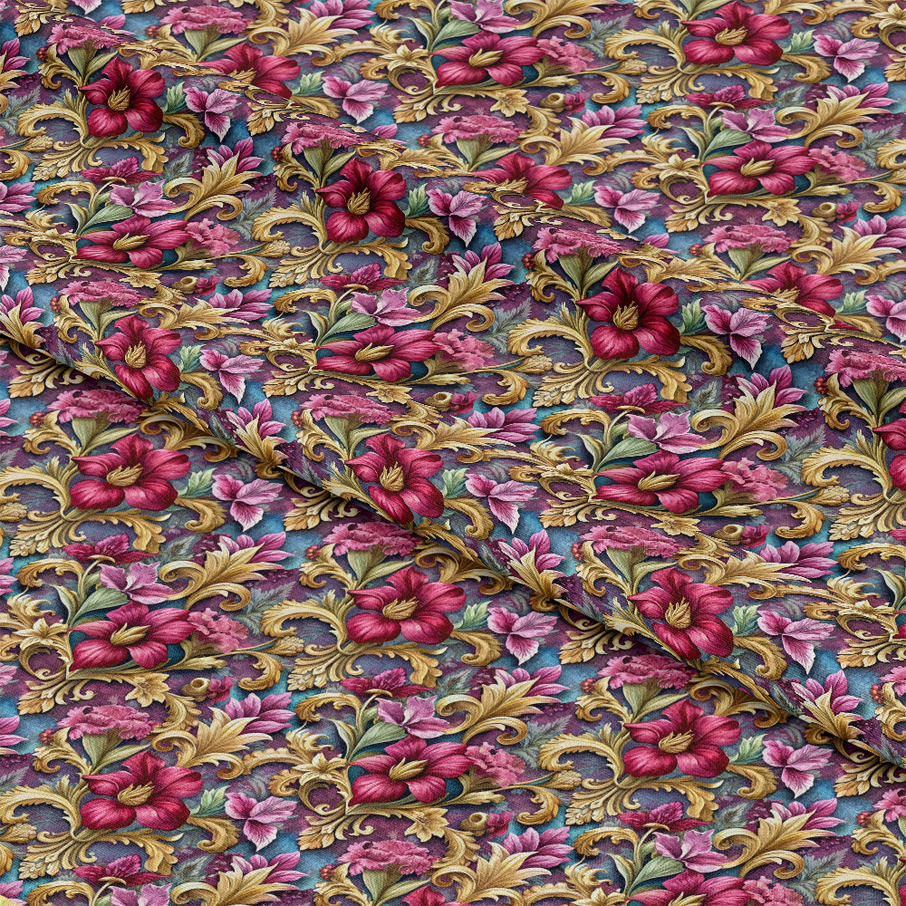 A close-up of ornate fabric featuring an intricate floral pattern in shades of red, gold, pink, and green, with the material slightly creased across the middle.