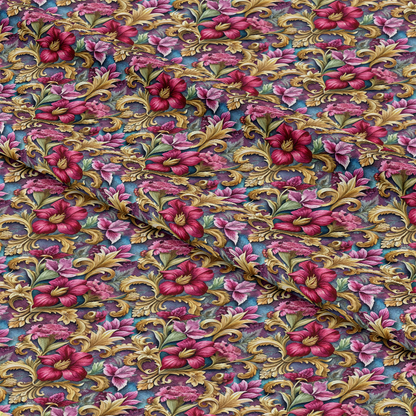 A close-up of ornate fabric featuring an intricate floral pattern in shades of red, gold, pink, and green, with the material slightly creased across the middle.
