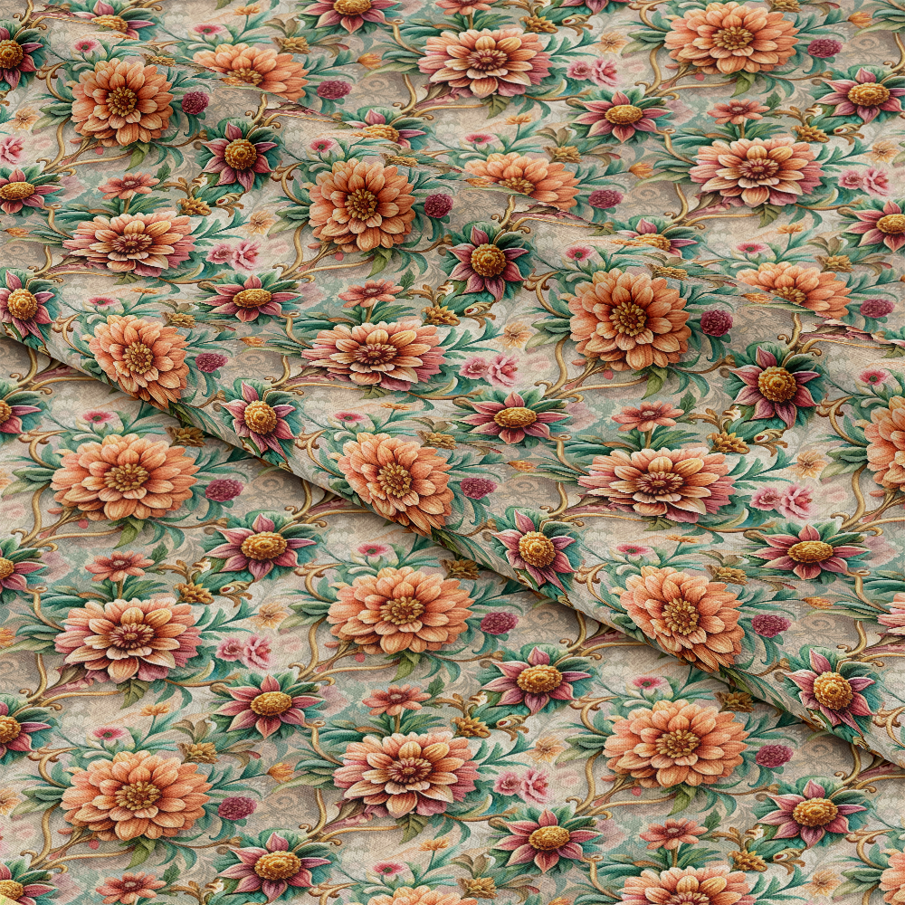 A close-up of fabric with a detailed floral pattern featuring large peach and pink flowers, green leaves, and vines on a light, textured background. The fabric is slightly folded, creating diagonal lines.