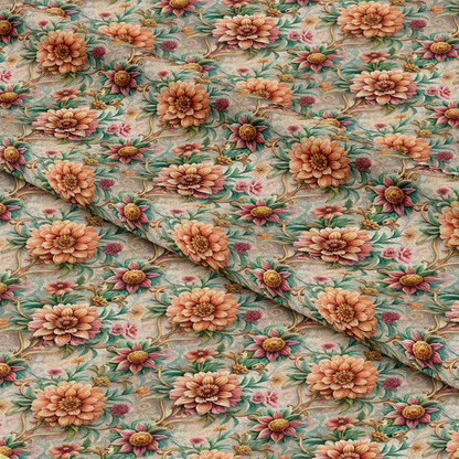 A close-up of fabric with a detailed floral pattern featuring large peach and pink flowers, green leaves, and vines on a light, textured background. The fabric is slightly folded, creating diagonal lines.