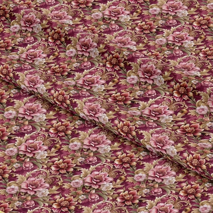 - Baroque Florals Pattern 96 Quilting Cotton Fabric
- floral design
- vintage style
- elegant motifs
- burgundy background
- pink blossoms
- green leaves
- ornamental flourishes
- decorative textile
- soft quilting cotton
- decorative fabric yardage