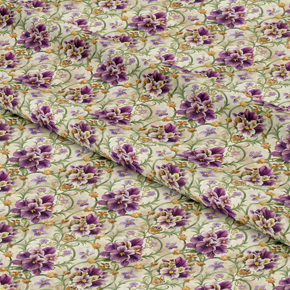 A close-up view of a fabric with a detailed floral pattern featuring purple and yellow flowers, green leaves, and vines on a beige background. The fabric is shown with gentle folds.