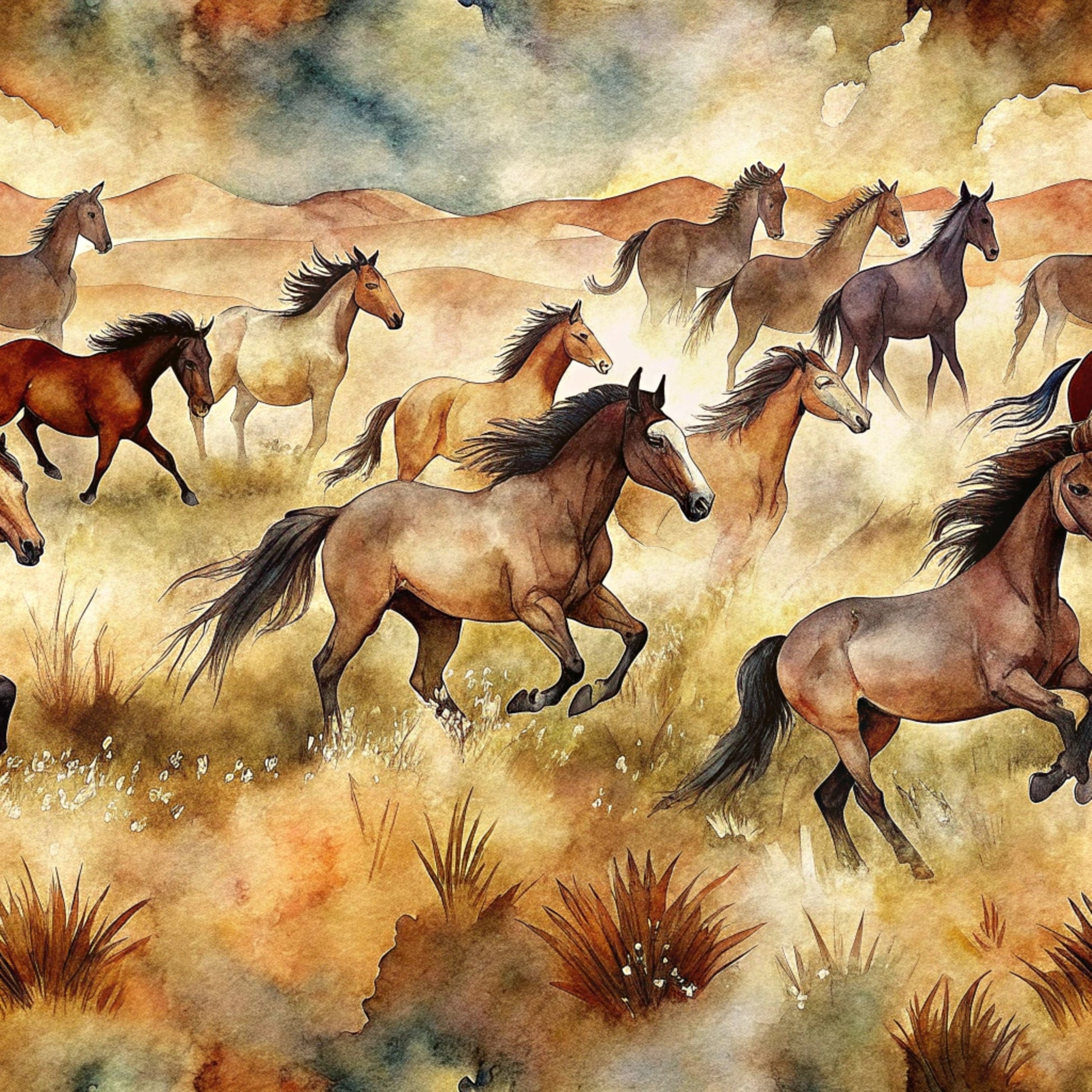 wild horses, running horses, watercolor style, brown tones, tan colors, cream shades, rust orange, dusty blue, desert landscape, prairie scene, flowing manes, galloping motion, western theme, earthy palette, grass tufts, rolling hills, dramatic sky, quilting cotton, fabric panel, equestrian motif