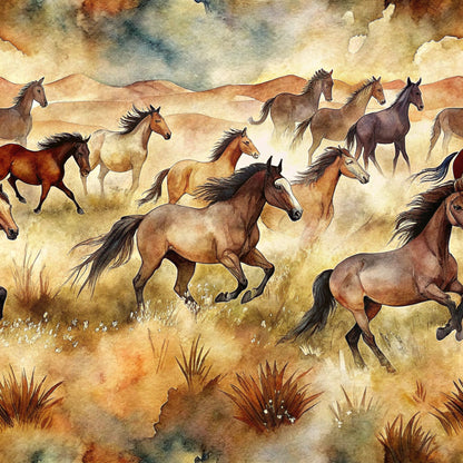 wild horses, running horses, watercolor style, brown tones, tan colors, cream shades, rust orange, dusty blue, desert landscape, prairie scene, flowing manes, galloping motion, western theme, earthy palette, grass tufts, rolling hills, dramatic sky, quilting cotton, fabric panel, equestrian motif
