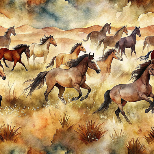 wild horses, running horses, watercolor style, brown tones, tan colors, cream shades, rust orange, dusty blue, desert landscape, prairie scene, flowing manes, galloping motion, western theme, earthy palette, grass tufts, rolling hills, dramatic sky, quilting cotton, fabric panel, equestrian motif