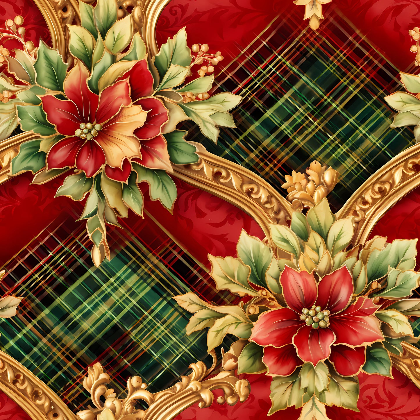 red, green, gold, christmas, floral, poinsettias, plaid, tartan, ornate scrollwork, baroque flourishes, holiday flowers, quilting cotton, fabric panel, festive, seasonal, decorative blooms, checkered pattern, rich colors, elegant design, winter florals