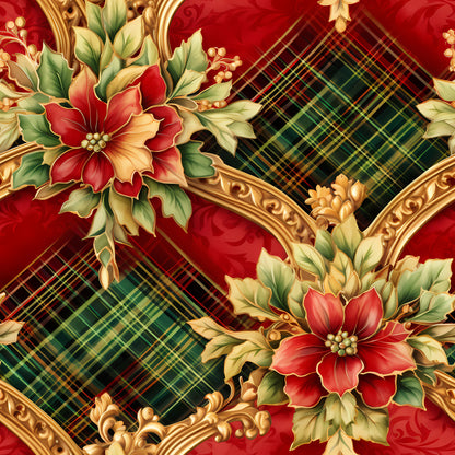 red, green, gold, christmas, floral, poinsettias, plaid, tartan, ornate scrollwork, baroque flourishes, holiday flowers, quilting cotton, fabric panel, festive, seasonal, decorative blooms, checkered pattern, rich colors, elegant design, winter florals