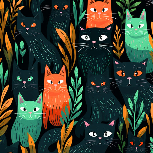cats, feline, orange, green, teal, black, botanical, leaves, foliage, suspicious eyes, staring cats, quilting cotton, fabric panel, modern illustration, stylized art, pattern design, nature elements, colorful cats, whiskers, cat faces