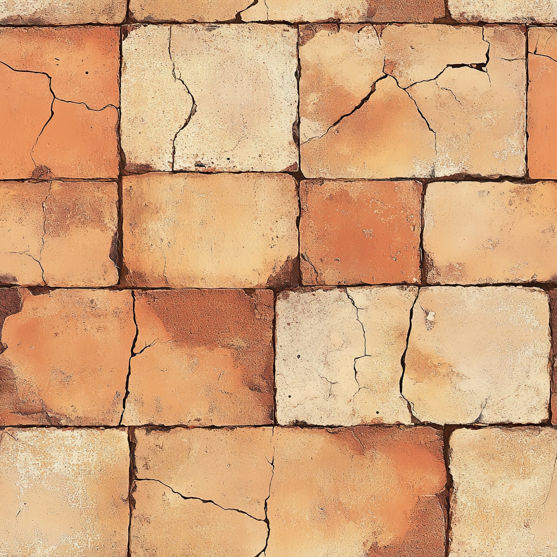 terracotta, burnt orange, cream, beige, weathered brick, cracked texture, aged stone, rustic pattern, vintage weathering, southwestern colors, earthy tones, distressed surface, quilting cotton, fabric panel, desert hues, adobe style, worn brick wall, textured blocks, warm palette, geometric squares