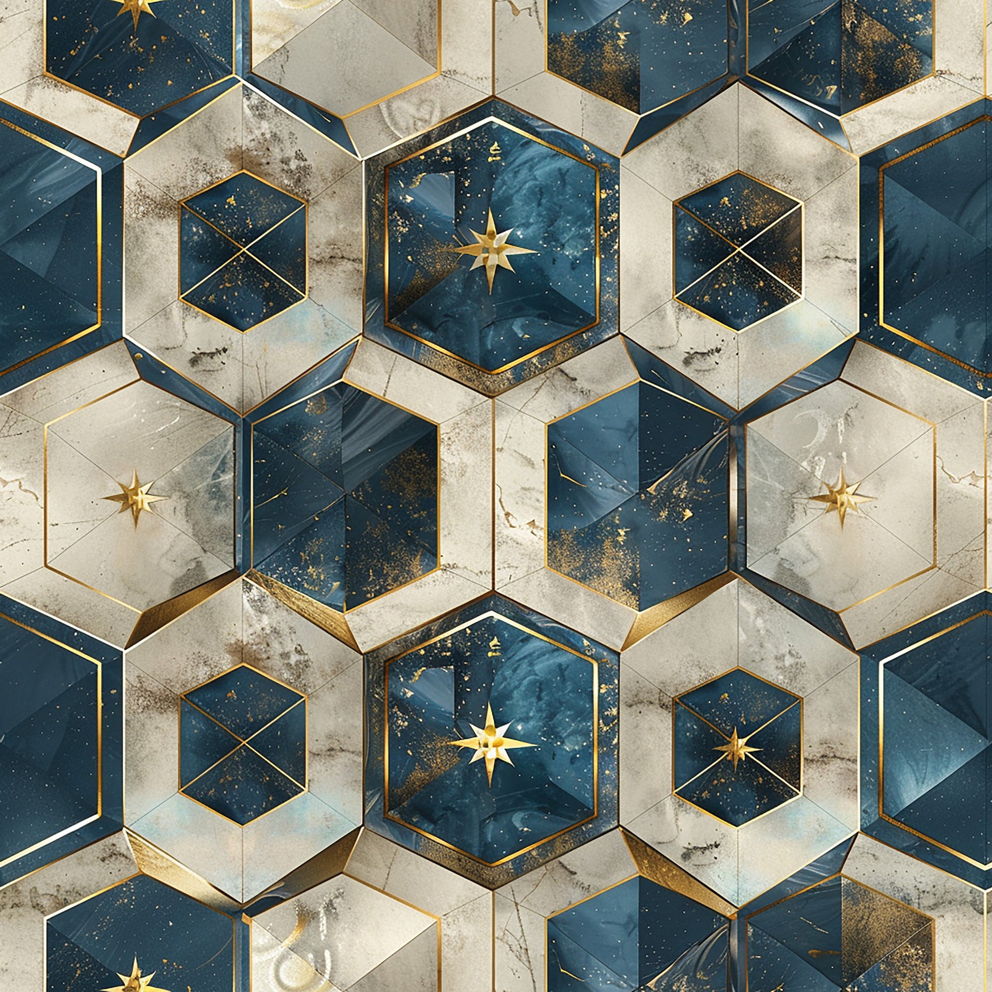 navy blue, cream white, gold accents, hexagonal pattern, geometric design, stars, celestial motifs, marble texture, metallic details, quilting cotton, fabric panel, luxurious, sophisticated, dimensional effect, baroque style, ornate pattern, repeating motif, premium fabric, crafting material