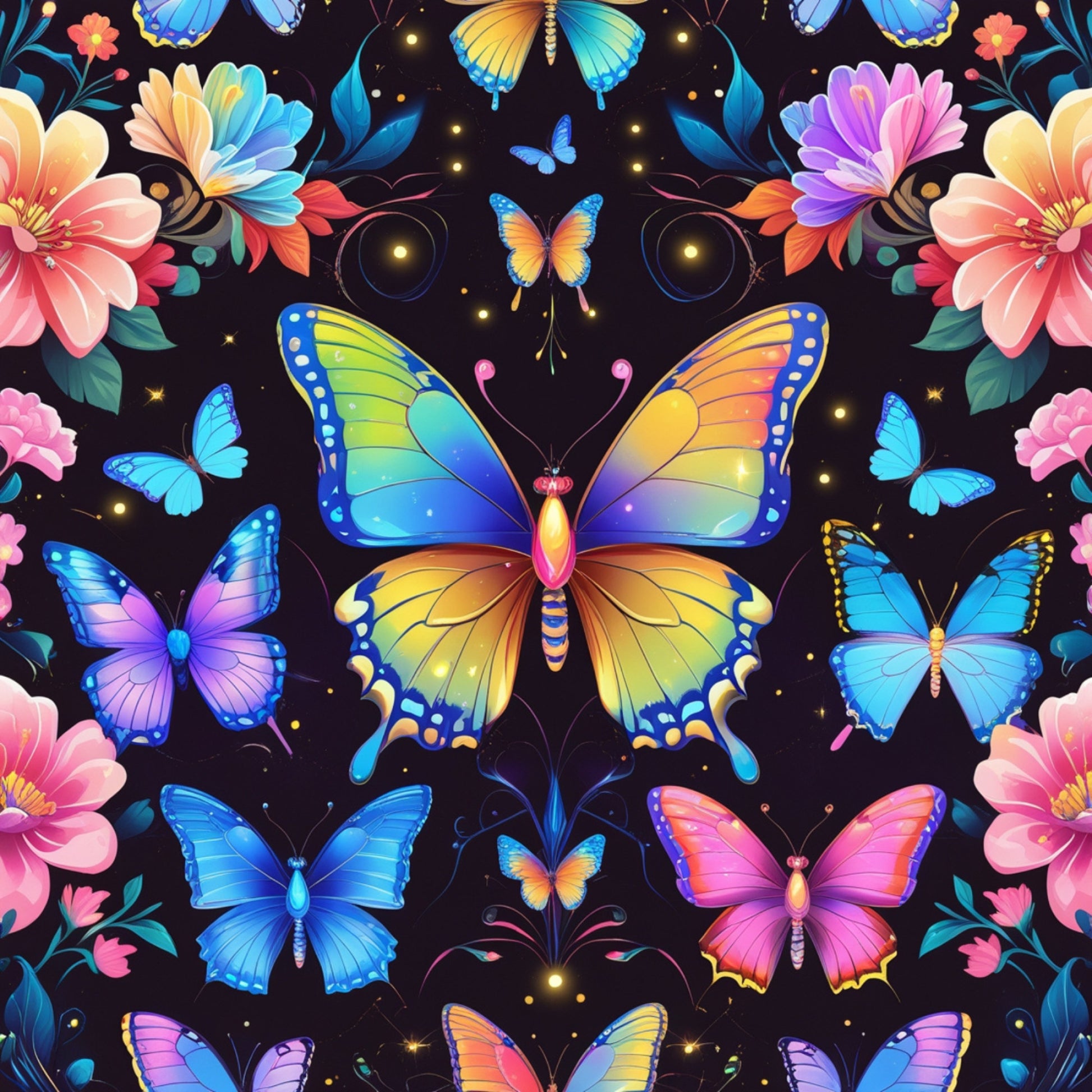 fantasy butterflies, quilting cotton, fabric panel, vibrant colors, rainbow wings, floral motifs, black background, blue butterflies, pink flowers, purple blooms, orange gradients, yellow accents, magical design, whimsical pattern, nature theme, spring motifs, colorful insects, decorative florals, bright palette, enchanted garden