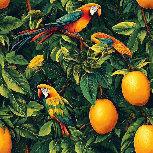 tropical parrots, macaw birds, mango fruit, orange mangoes, vibrant green foliage, lush leaves, tropical pattern, jungle scene, exotic birds, botanical design, orange yellow green, quilting cotton, fabric panel, tropical paradise, rainforest theme, bright colorful, nature motif, seamless repeat, wildlife illustration, tropical fruit