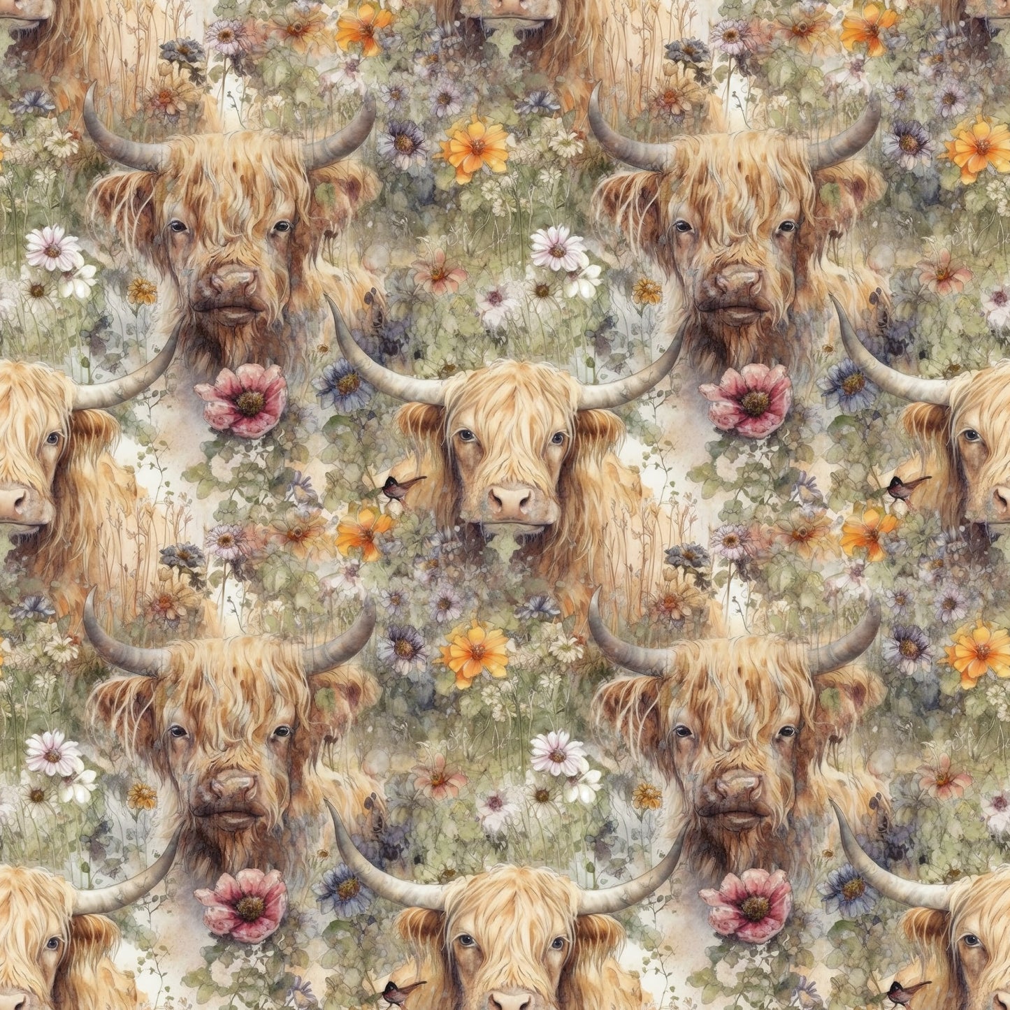 highland cows, floral pattern, quilting cotton, fabric panel, allover design, wildflowers, pastoral scene, watercolor style, earth tones, cream background, orange blooms, pink flowers, purple blossoms, rustic charm, farm animals, long horned cattle, shaggy fur, meadow flowers, country theme, repeating motif