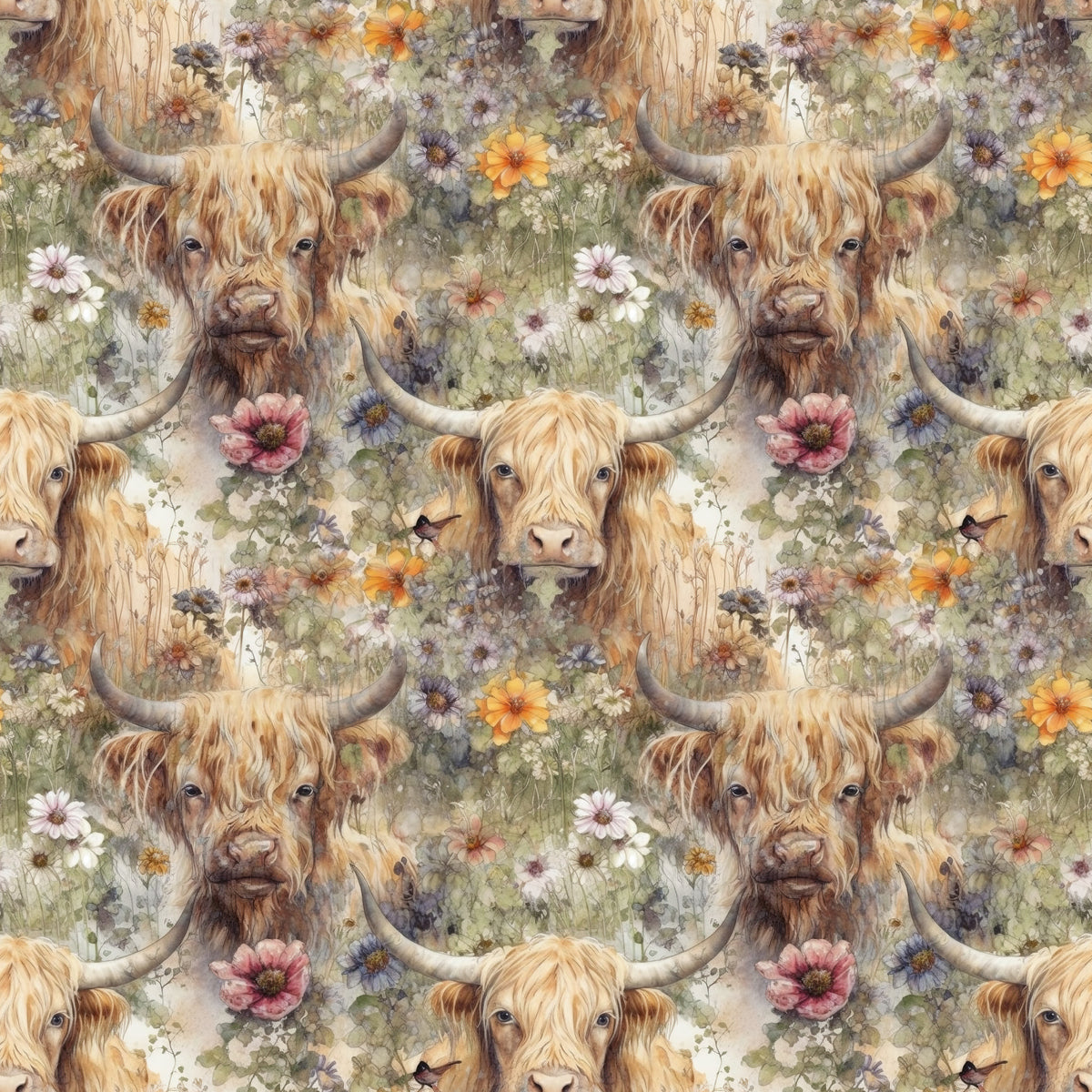 highland cows, floral pattern, quilting cotton, fabric panel, allover design, wildflowers, pastoral scene, watercolor style, earth tones, cream background, orange blooms, pink flowers, purple blossoms, rustic charm, farm animals, long horned cattle, shaggy fur, meadow flowers, country theme, repeating motif