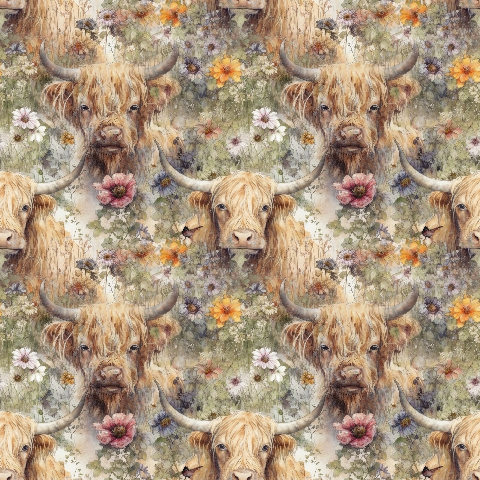 highland cows, floral pattern, quilting cotton, fabric panel, allover design, wildflowers, pastoral scene, watercolor style, earth tones, cream background, orange blooms, pink flowers, purple blossoms, rustic charm, farm animals, long horned cattle, shaggy fur, meadow flowers, country theme, repeating motif