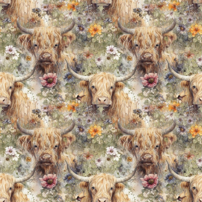 highland cows, floral pattern, quilting cotton, fabric panel, allover design, wildflowers, pastoral scene, watercolor style, earth tones, cream background, orange blooms, pink flowers, purple blossoms, rustic charm, farm animals, long horned cattle, shaggy fur, meadow flowers, country theme, repeating motif