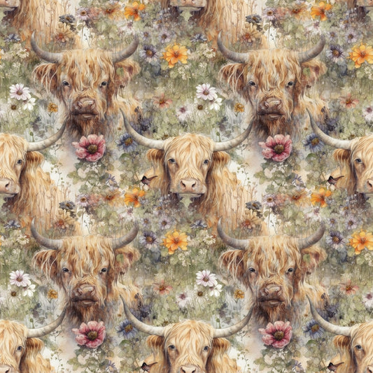 Floral Highland Cows Allover Pattern 1 Quilting Cotton Fabric