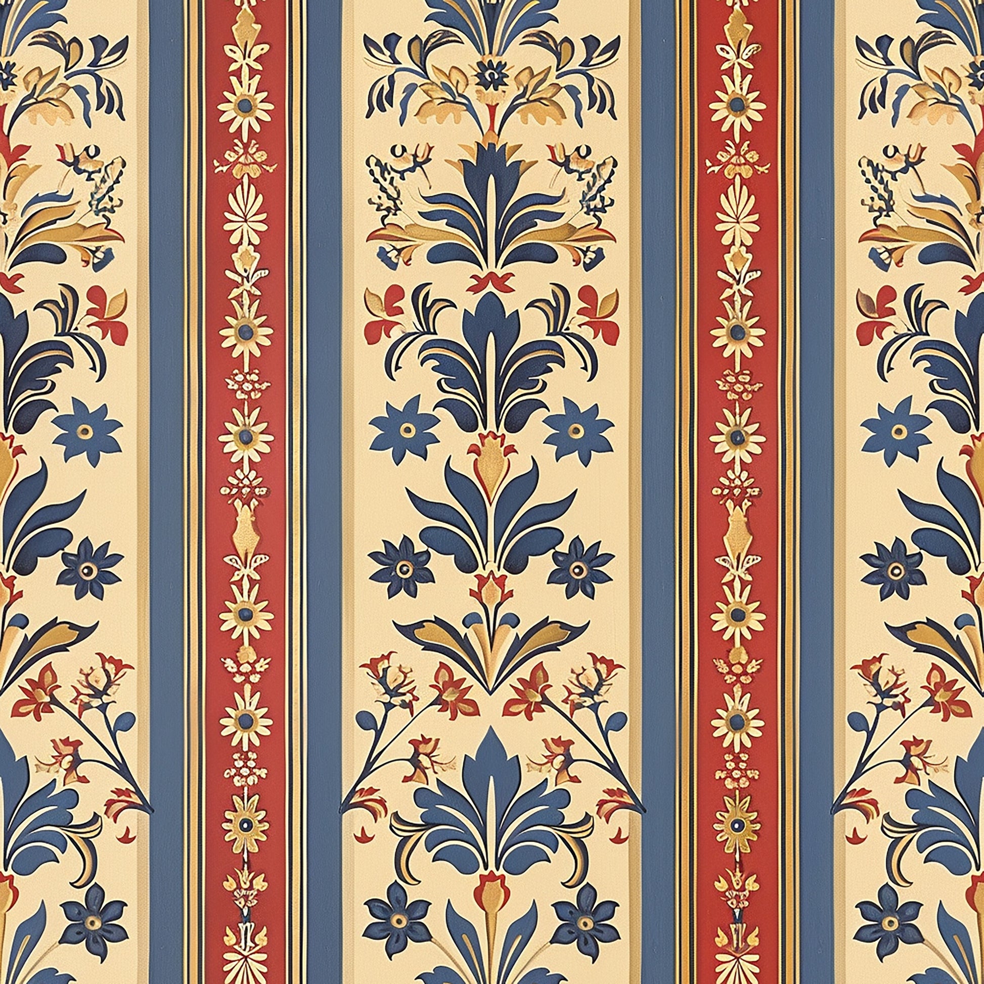 medieval french pattern, quilting cotton, fabric panel, vertical stripes, floral motifs, damask design, navy blue, burgundy red, cream beige, golden yellow, ornate florals, decorative borders, european inspired, baroque elements, symmetrical pattern, textile design, repeating motifs, elegant scrollwork, historical reproduction, crafting fabric
