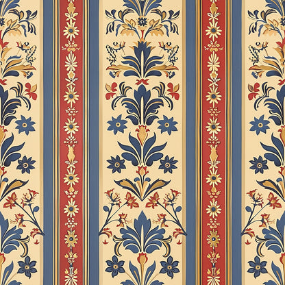 medieval french pattern, quilting cotton, fabric panel, vertical stripes, floral motifs, damask design, navy blue, burgundy red, cream beige, golden yellow, ornate florals, decorative borders, european inspired, baroque elements, symmetrical pattern, textile design, repeating motifs, elegant scrollwork, historical reproduction, crafting fabric