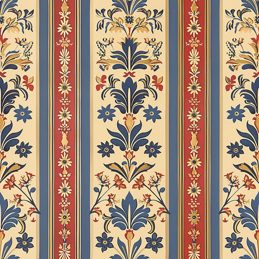 medieval french pattern, quilting cotton, fabric panel, vertical stripes, floral motifs, damask design, navy blue, burgundy red, cream beige, golden yellow, ornate florals, decorative borders, european inspired, baroque elements, symmetrical pattern, textile design, repeating motifs, elegant scrollwork, historical reproduction, crafting fabric