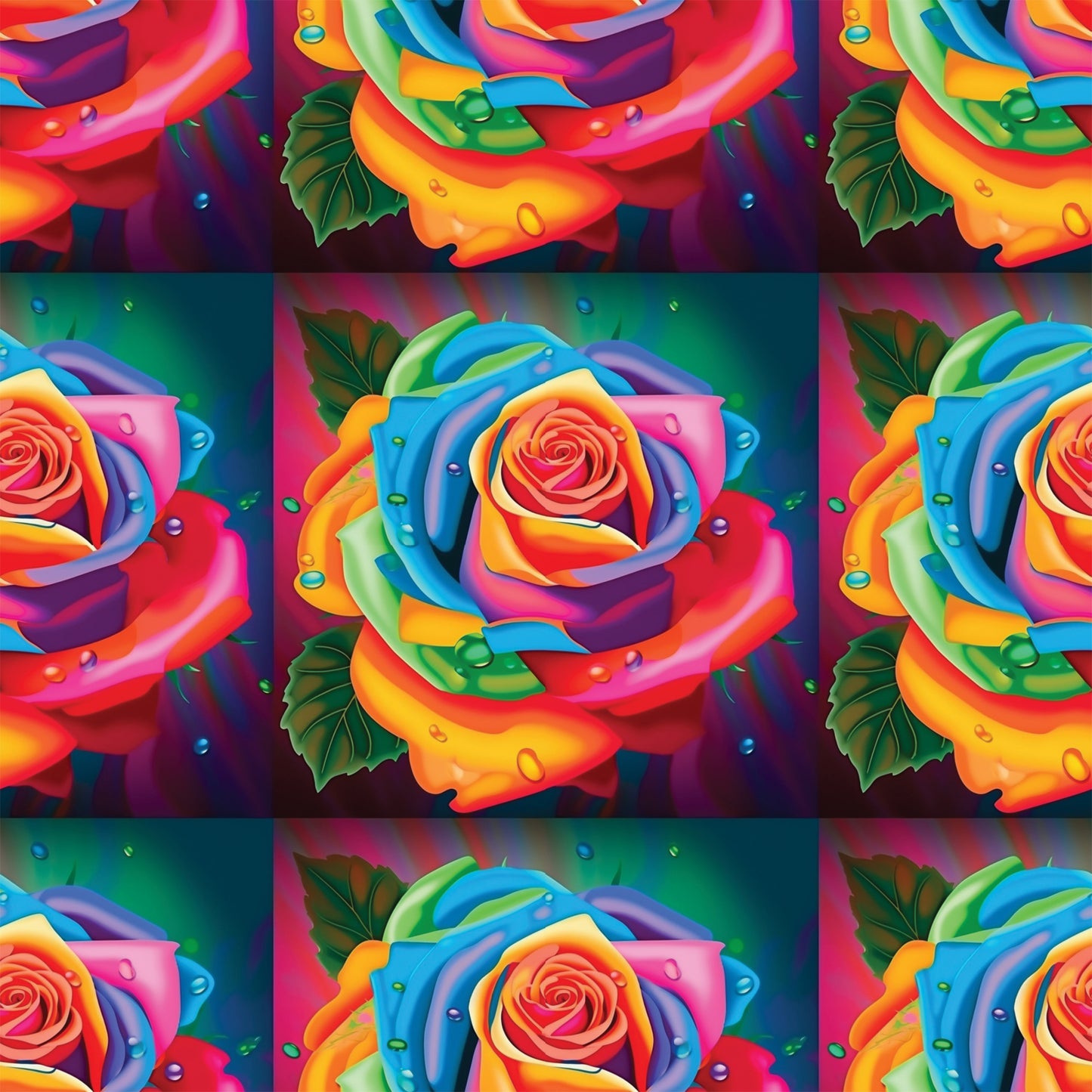 rainbow roses, multicolored flowers, vibrant petals, water droplets, green leaves, red, orange, yellow, blue, purple, pink, floral pattern, botanical design, quilting cotton, fabric panel, bright colors, decorative roses, artistic flowers, nature motif, crafting material