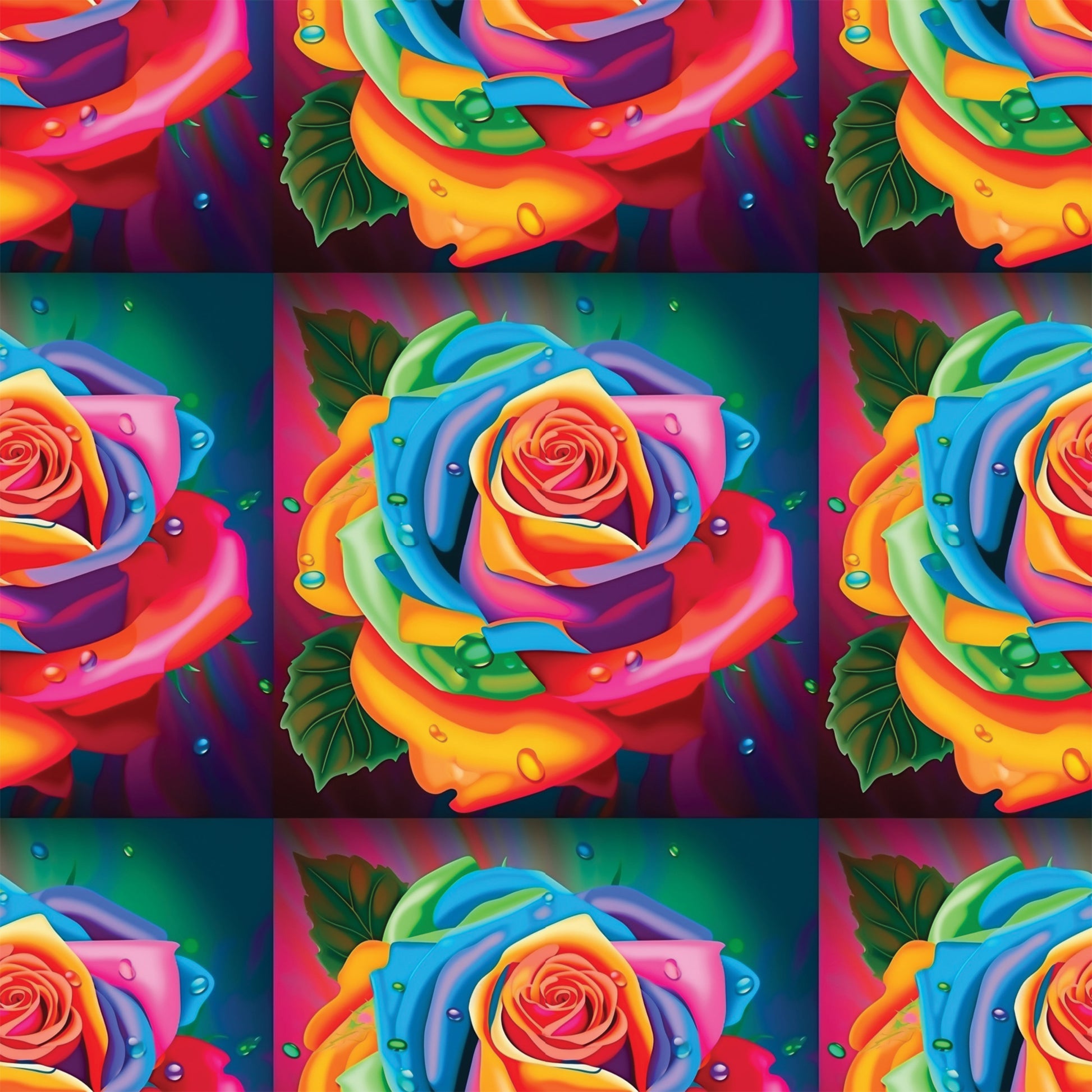 rainbow roses, multicolored flowers, vibrant petals, water droplets, green leaves, red, orange, yellow, blue, purple, pink, floral pattern, botanical design, quilting cotton, fabric panel, bright colors, decorative roses, artistic flowers, nature motif, crafting material