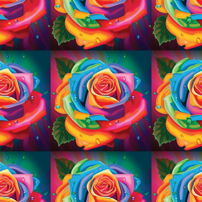 rainbow roses, multicolored flowers, vibrant petals, water droplets, green leaves, red, orange, yellow, blue, purple, pink, floral pattern, botanical design, quilting cotton, fabric panel, bright colors, decorative roses, artistic flowers, nature motif, crafting material