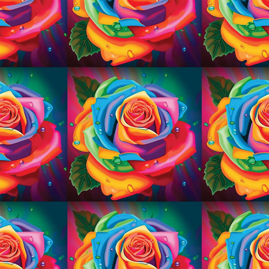 rainbow roses, multicolored flowers, vibrant petals, water droplets, green leaves, red, orange, yellow, blue, purple, pink, floral pattern, botanical design, quilting cotton, fabric panel, bright colors, decorative roses, artistic flowers, nature motif, crafting material
