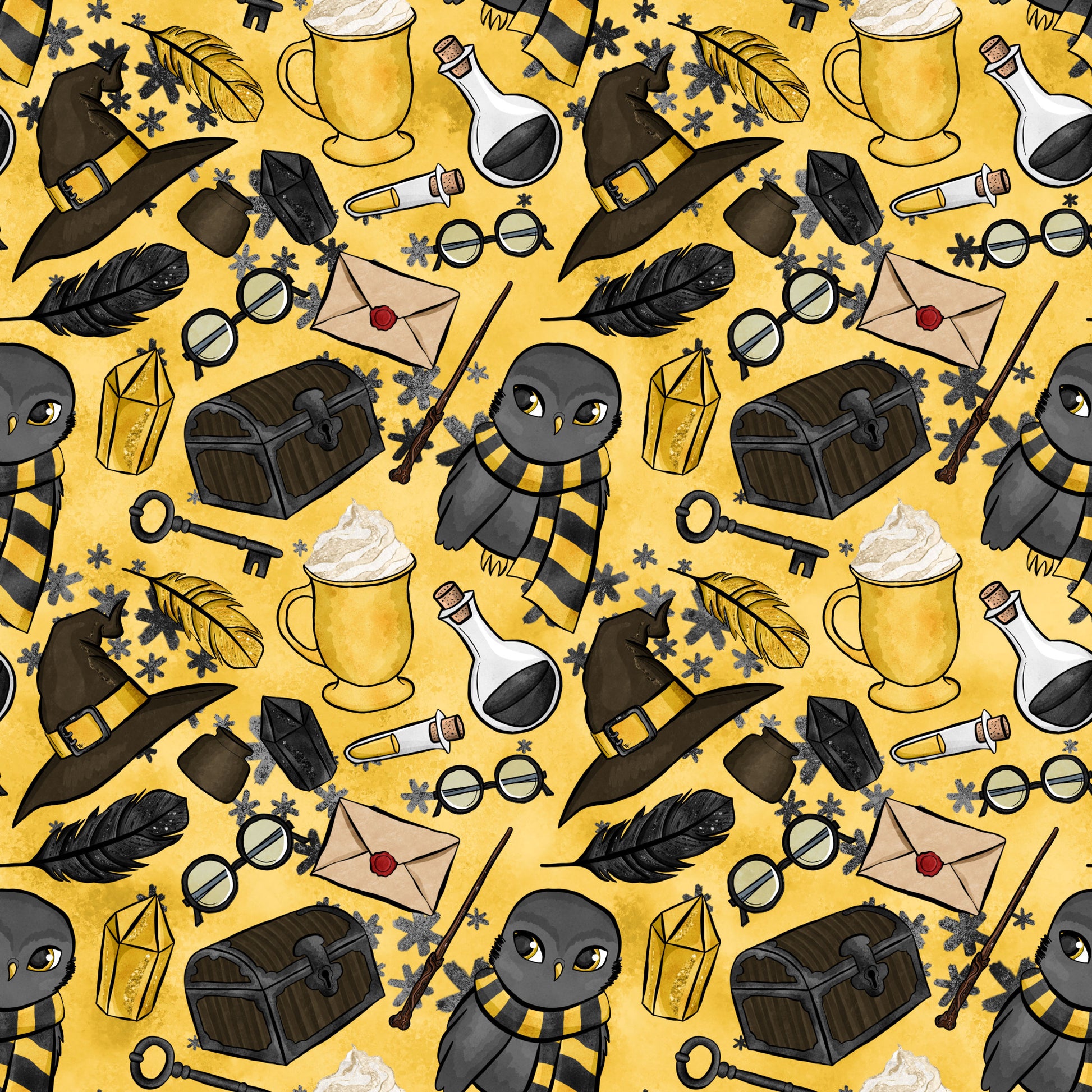 mustard yellow, golden yellow, wizard themed, magic school, owl character, witch hat, potion bottles, treasure chest, quill feathers, round glasses, lantern, envelope, magic wand, key, cauldron mug, whimsical illustration, cartoon style, repeating pattern, quilting cotton, fabric panel, mystical elements, school supplies, magical accessories