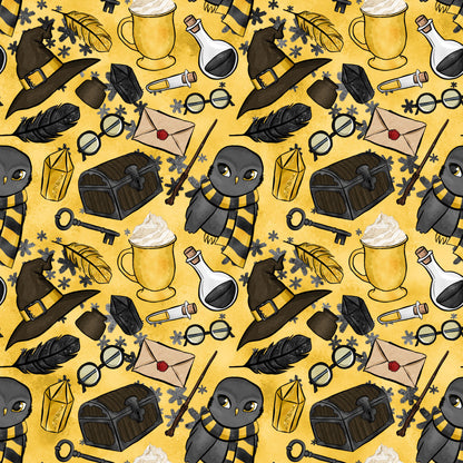 mustard yellow, golden yellow, wizard themed, magic school, owl character, witch hat, potion bottles, treasure chest, quill feathers, round glasses, lantern, envelope, magic wand, key, cauldron mug, whimsical illustration, cartoon style, repeating pattern, quilting cotton, fabric panel, mystical elements, school supplies, magical accessories