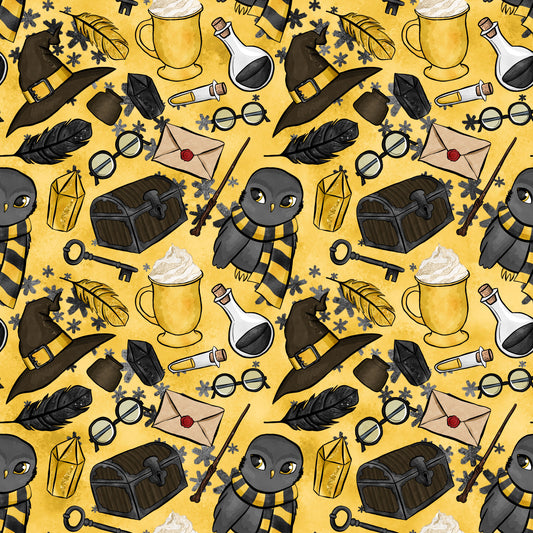 mustard yellow, golden yellow, wizard themed, magic school, owl character, witch hat, potion bottles, treasure chest, quill feathers, round glasses, lantern, envelope, magic wand, key, cauldron mug, whimsical illustration, cartoon style, repeating pattern, quilting cotton, fabric panel, mystical elements, school supplies, magical accessories