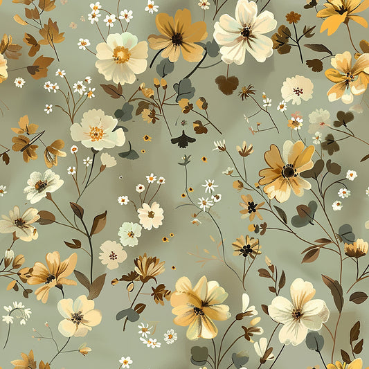 sage green, cream flowers, golden yellow, brown leaves, floral pattern, botanical design, wildflowers, delicate blooms, vintage style, cottagecore aesthetic, quilting cotton, fabric panel, autumn colors, scattered florals, whimsical flowers, soft pastels, nature motif, romantic florals, muted tones