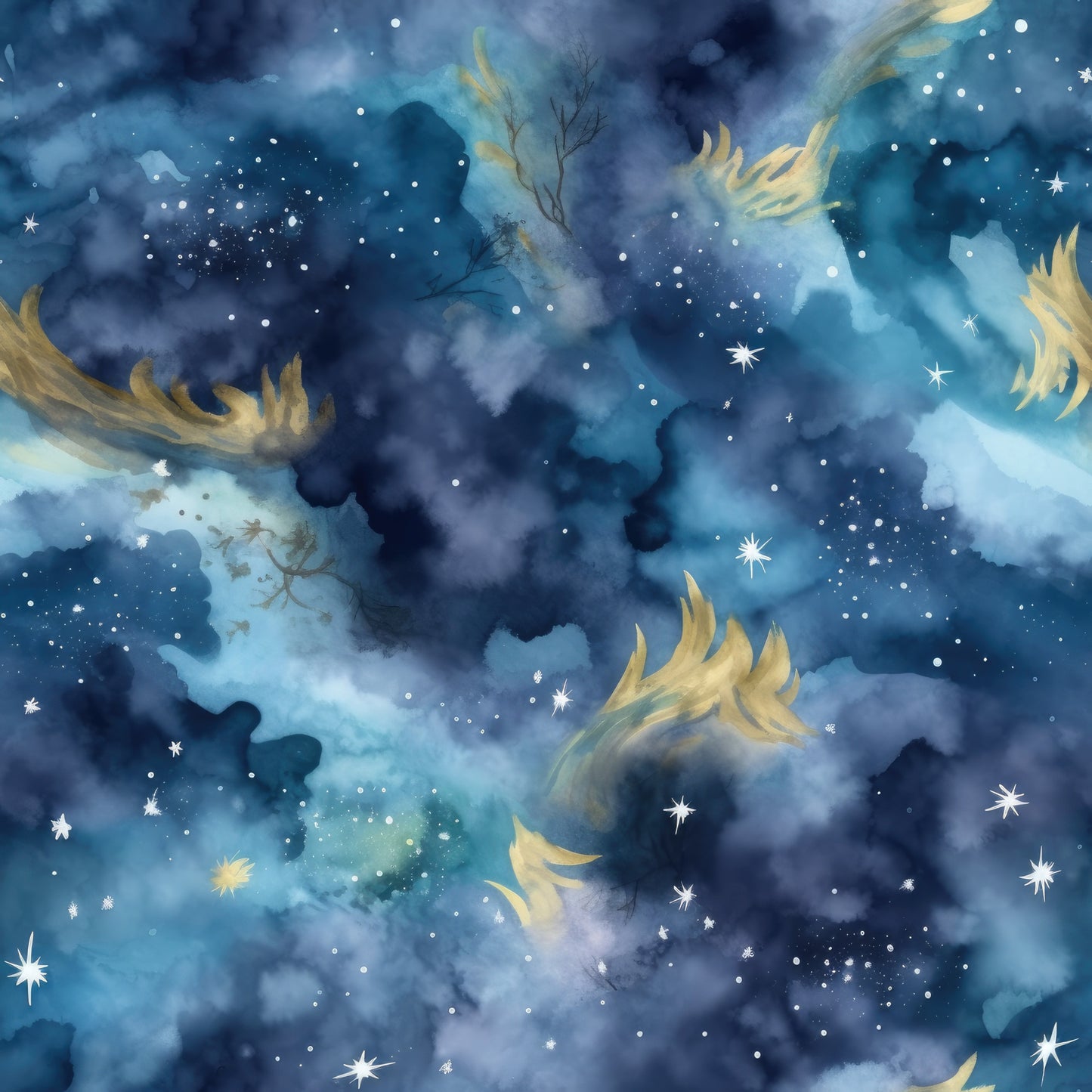 navy blue, deep blue, turquoise, golden yellow, white stars, night sky, celestial, cosmic clouds, nebula pattern, swirling design, astronomical, dreamy atmosphere, quilting cotton, fabric panel, starfield, wispy clouds, ethereal, mystical, space theme, flowing elements
