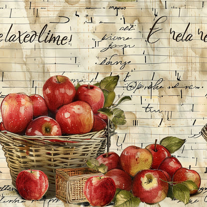 red apples, wicker baskets, handwritten text, vintage script, musical notes, sheet music background, farm fresh, apple harvest, rustic style, country theme, quilting cotton, fabric panel, botanical leaves, green foliage, antique paper, sepia tones, cream background, orchard scene, autumn harvest, cottage core