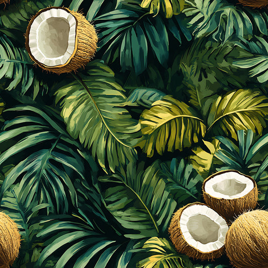 tropical leaves, coconut halves, jungle pattern, green foliage, brown coconuts, white coconut flesh, palm fronds, botanical design, lush greenery, quilting cotton, fabric panel, tropical theme, nature motif, emerald green, forest green, lime green, golden yellow, brown tones, exotic plants, rainforest vibes