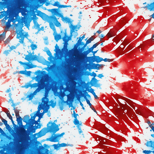 red, white, blue, tie-dye, watercolor splashes, starburst pattern, radiating design, patriotic colors, abstract explosion, paint splatters, quilting cotton, fabric panel, americana theme, fourth of july, independence day, dynamic movement, artistic swirls, celebration motif