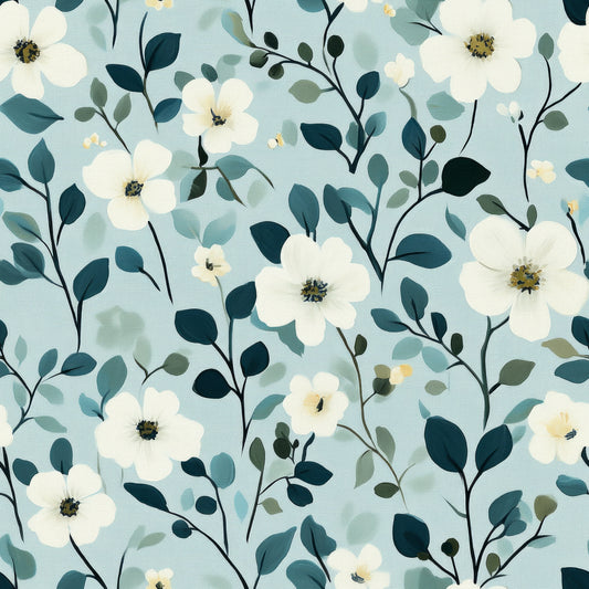 cornflower blue, sage green, cream white, floral pattern, botanical design, delicate flowers, leafy branches, nature motif, quilting cotton, fabric panel, soft pastels, watercolor style, spring flowers, garden theme, romantic florals, whimsical blooms, organic shapes, feminine design, crafting material