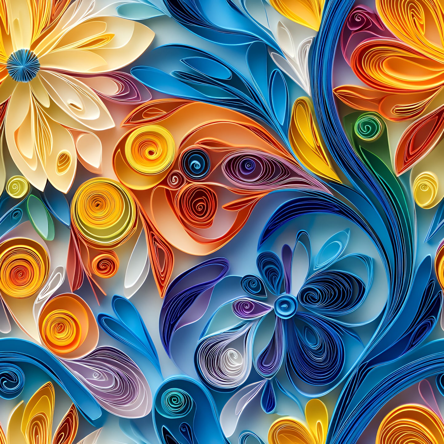 abstract, paper quilling, swirls, spirals, yellow, orange, blue, purple, teal, white, floral motifs, layered design, dimensional effect, rolled paper art, vibrant colors, flowing curves, decorative swirls, quilting cotton, fabric panel, artistic pattern, colorful blooms, curved lines, modern art style