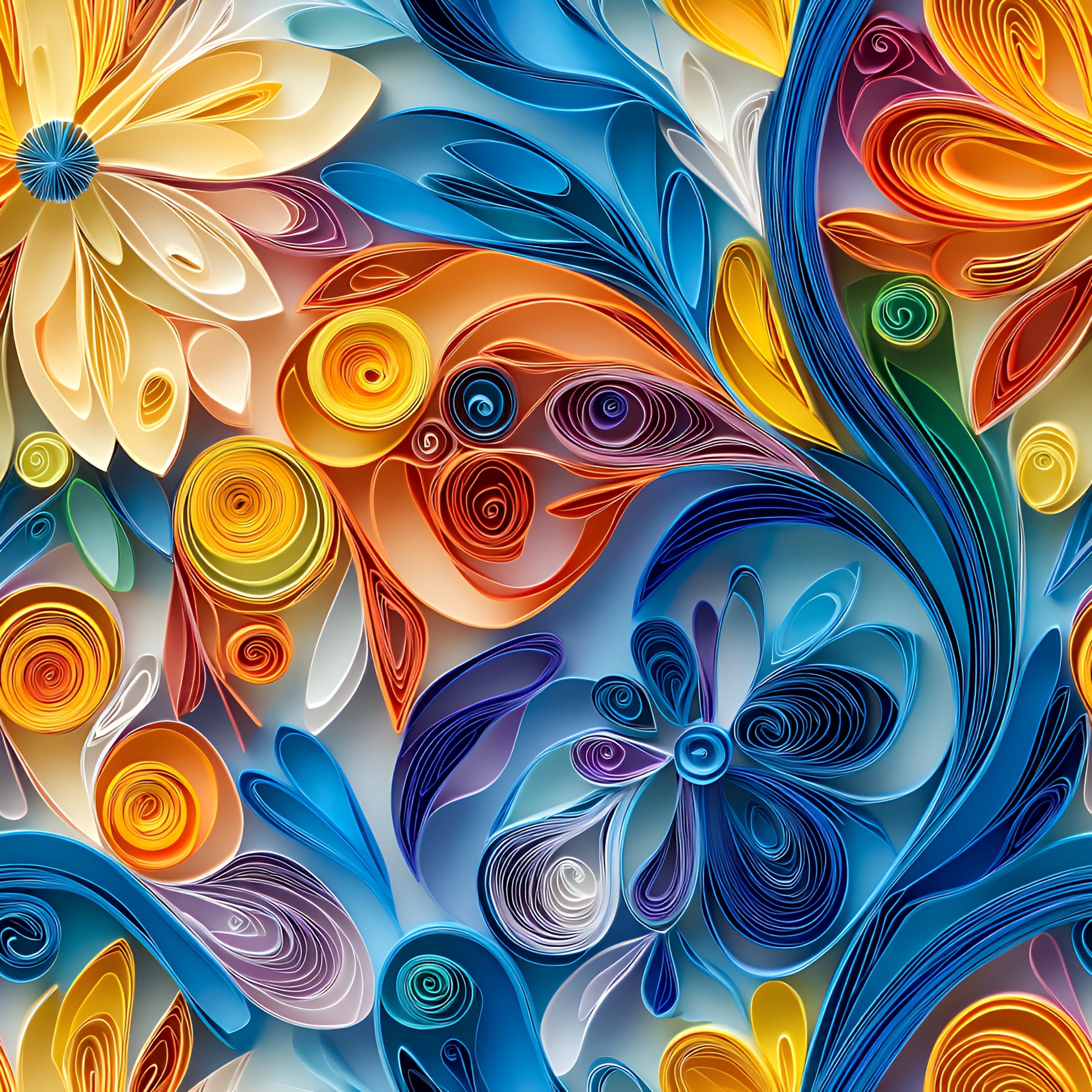 abstract, paper quilling, swirls, spirals, yellow, orange, blue, purple, teal, white, floral motifs, layered design, dimensional effect, rolled paper art, vibrant colors, flowing curves, decorative swirls, quilting cotton, fabric panel, artistic pattern, colorful blooms, curved lines, modern art style